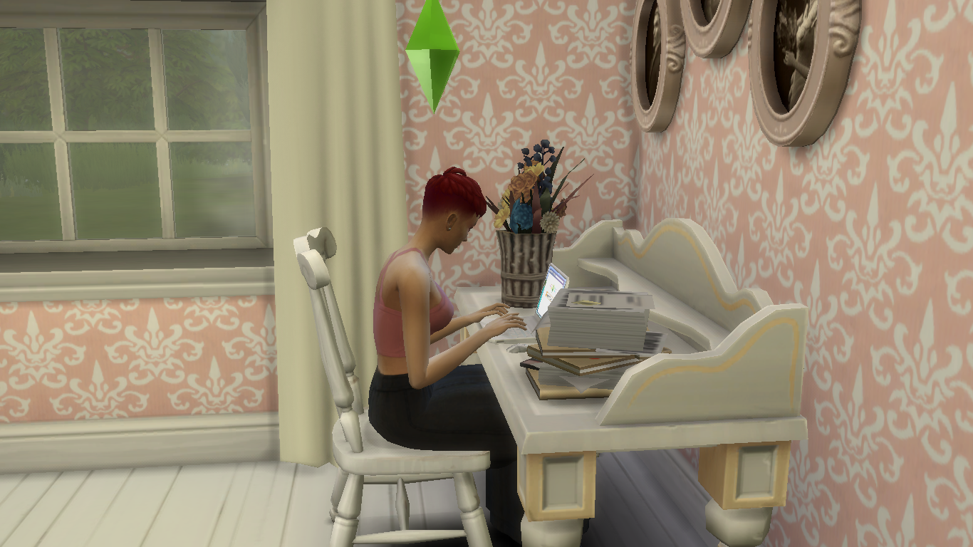 A player character from The Sims 4 at a desk in their home typing on a laptop.