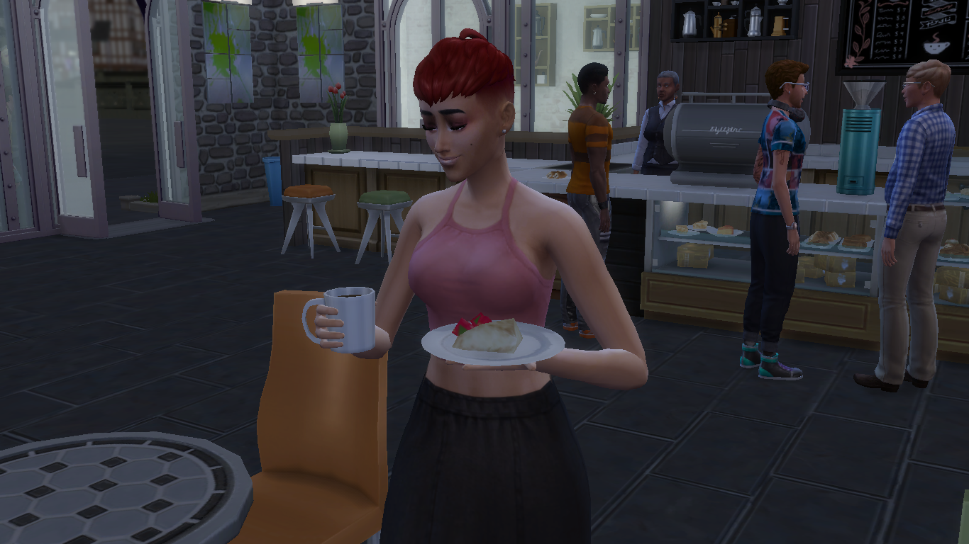 A player character in The Sims 4 in a cafe holding a mug of coffee and a plate of food.