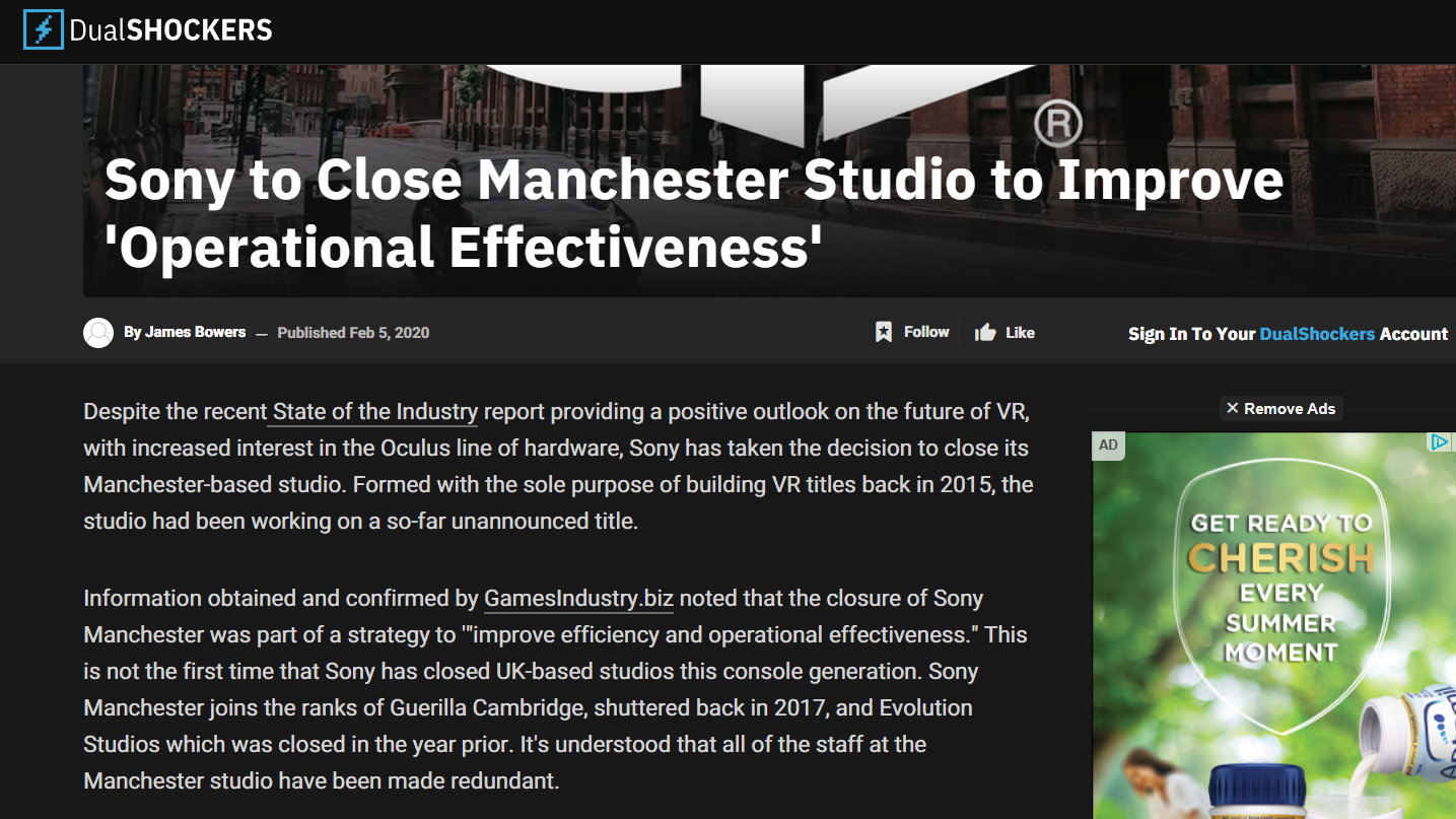 A screenshot of the DualShockers website showing an article about the closure of Sony Manchester.