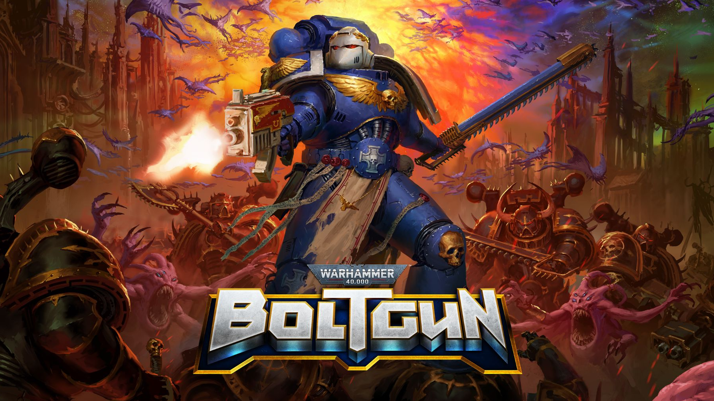 The key art for Warhammer 40,000: Boltgun featuring an Ultramarine fighting off the forces of Chaos.
