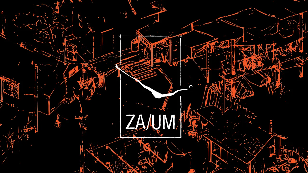 The logo for video game studio, ZA/UM, over a wireframe-esque street.