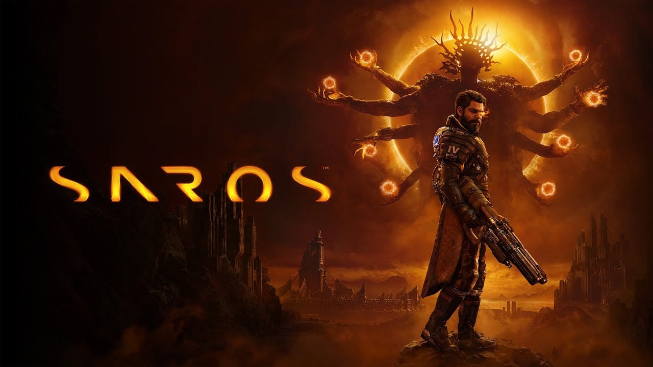 The key art for the video game Saros by Housemarque featuring a player character loomed over by a multi-armed alien creator, framed by the sun.