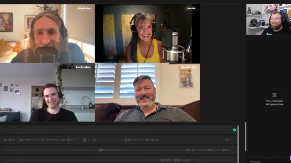 A screenshot of a remote podcast recording showing five attendees. David Hayter and Jennifer Hale are present.