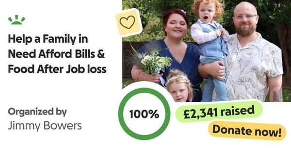 A promotional image for a Go Fund Me campaign featuring a young family and the words "Help a Family in Need Afford Bills & Food After a Job Loss."