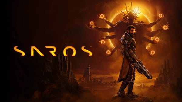 The key art for the video game Saros by Housemarque featuring a player character loomed over by a multi-armed alien creator, framed by the sun.
